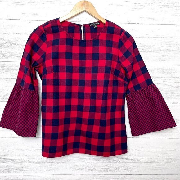 J. Crew Mercantile Women's Top Red & Navy Blue Plaid Flannel Bell Sleeves size 2 - Picture 1 of 7
